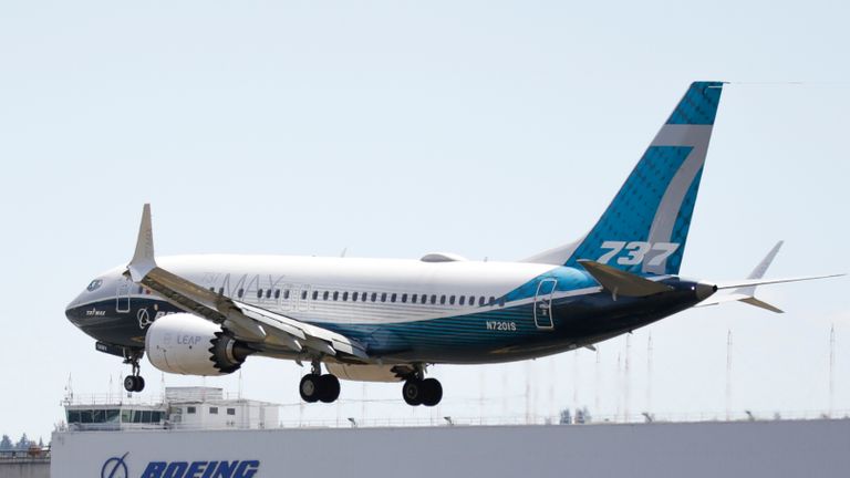 A Boeing 737 MAX jet lands following a Federal Aviation Administration (FAA) test flight at Boeing Field in Seattle, Washington on June 29, 2020. - US regulators conducted the first a test flight of the Boeing 737 MAX on Monday, a key step in recertifying the jet that has been grounded for more than a year following two fatal crashes. A MAX aircraft took off from Boeing Field in Seattle at 1655 GMT, a Federal Aviation Administration spokesperson said. (Photo by Jason Redmond / AFP) (Photo by JASON REDMOND/AFP via Getty Images)