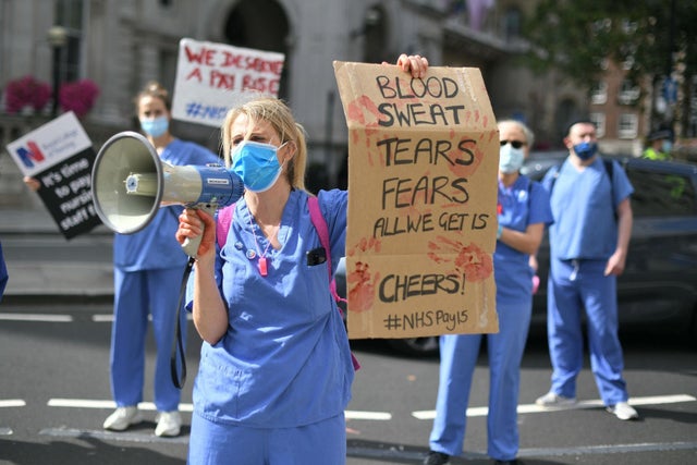 Protesters outside BBC Broadcasting House in central London, as marches and rallies form across the country calling for a 15% pay rise for NHS workers and an increase in NHS funding