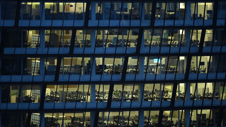 The empty offices at Co-op headquarters are pictured in Manchester on April 9, 2020. - COVID-19 has struck at the heart of the British government, infected more than 60,000 people nationwide and killed over 7,000, with a daily death toll in the UK of 881 reported on April 9