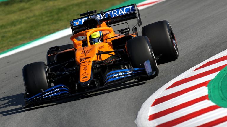 BARCELONA, SPAIN - FEBRUARY 21: Lando Norris of Great Britain driving the (4) McLaren F1 Team MCL35 Renault on track during day three of F1 Winter Testing at Circuit de Barcelona-Catalunya on February 21, 2020 in Barcelona, Spain. (Photo by Mark Thompson/Getty Images)