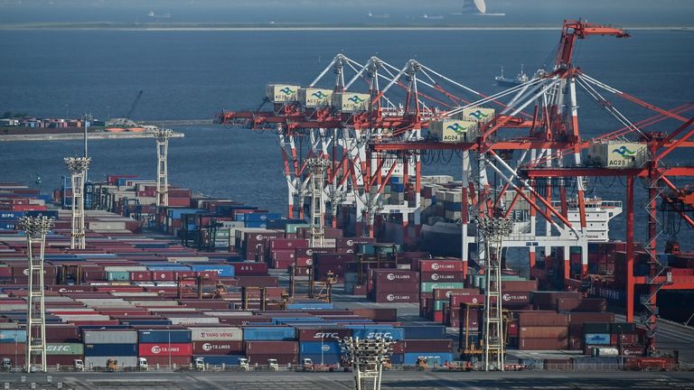 Containers are seen at the international cargo terminal at the port in Tokyo on August 17, 2020