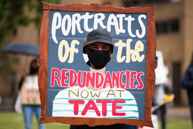 Demonstrators protest outside the Tate Modern in London over proposed job losses in the wake of the Covid-19 lockdown. The group believe that the emergency money provided by the government to culture-based organisations should be used to retain all jobs and that any other use of the funding is unfair. The gallery on London's South Bank, as well as the Tate Britain, Tate Liverpool and Tate St Ives, reopened today after closing in March due to lockdown measures meant to curb the spread of the novel coronavirus