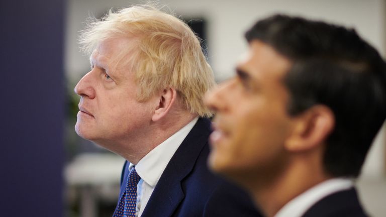 Prime Minister Boris Johnson and Chancellor of the Exchequer Rishi Sunak during a visit to the headquarters of Octopus Energy in London.