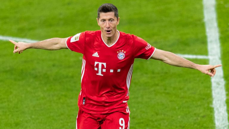 Robert Lewandowski of Bayern Munich celebrates after scoring a goal 