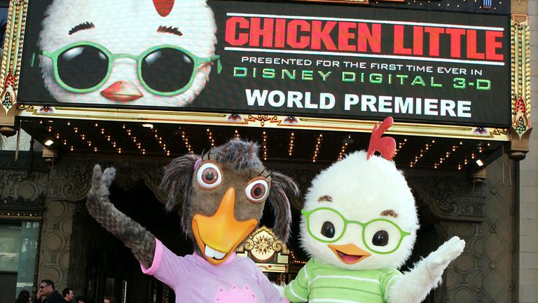 LOS ANGELES - OCTOBER 30: Abby Mallard (L) and Chicken Little pose at the premiere of Disney's "Chicken Little" at the El Capitan Theater on October 30, 2005 in Los Angeles, California. (Photo by Kevin Winter/Getty Images) *** Local Caption *** Abby Mallard;Chicken Little