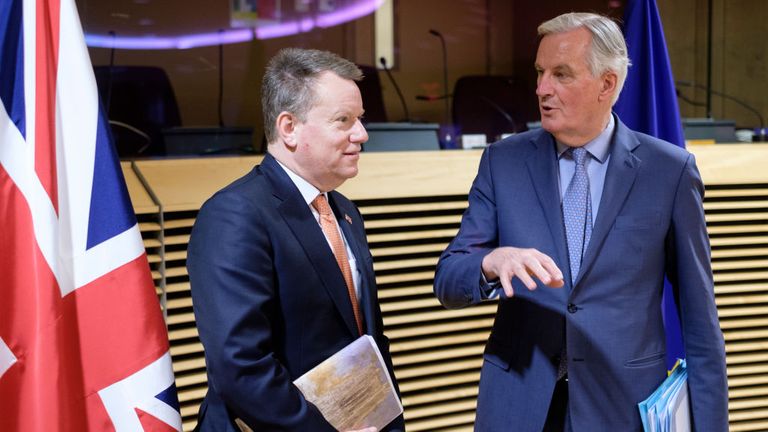 British Chief Negotiator of Task Force Europe at the Cabinet Office David George Hamilton Frost with the European Union Head of the UK Task Force Michel Barnier (R)