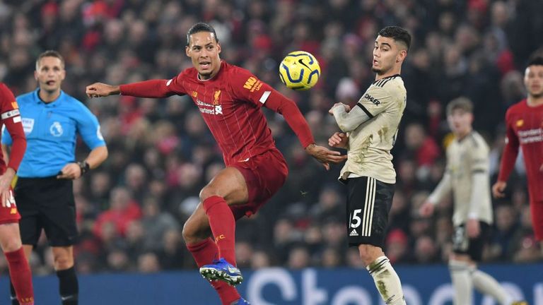 Liverpool defender Virgil van Dijk, left, competes for the ball against Manchester United's Andreas Pereira