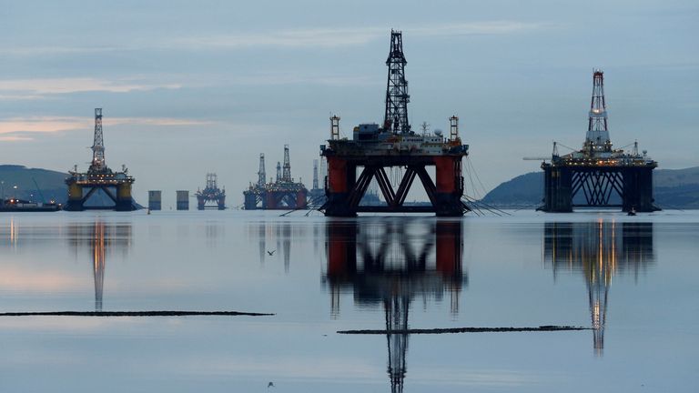 Drilling rigs are parked up in the Cromarty Firth near Invergordon, Scotland, Britain January 27, 2015