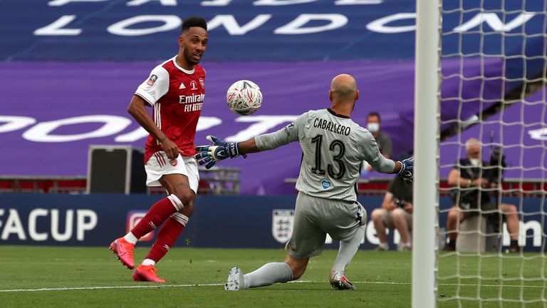 Arsenal's Pierre-Emerick Aubameyang scores his side's second goal of the game during the Heads Up FA Cup final